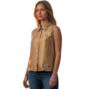 Silk Vintage Fairy Boho Embroidered Sleeveless Button‎ Up Blouse Collared Top